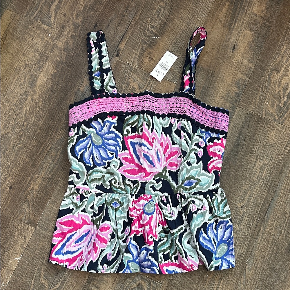 New LOFT Floral Ruffle Square Neck Tank Top Size‎ XSMALL Pink/ Navy